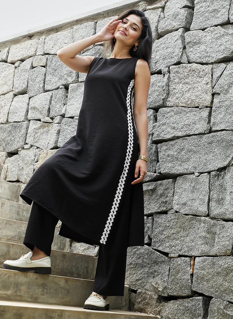 QISSA Women's Raven Black Contrast Swirl Kurta Set For Casual Wear | Boat Neck | Sleeveless | 2 Piece Kurta Set Designed With Comfort Fit For Everyday Ethnic Wear